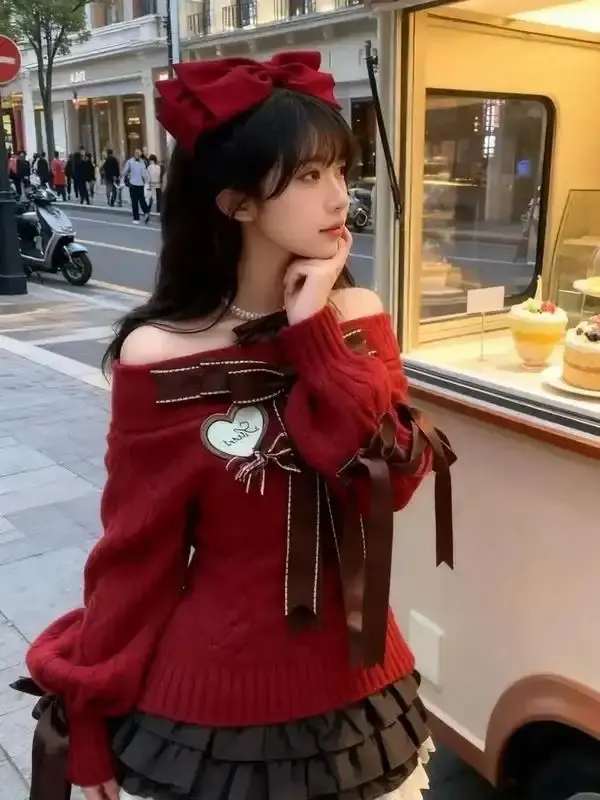 Chirstmas Knitted Sweater Women Winter Off Shoulder Red Pullover Y2k Vintage Clothing Slim Jumpers Casual Long Sleeve Korean