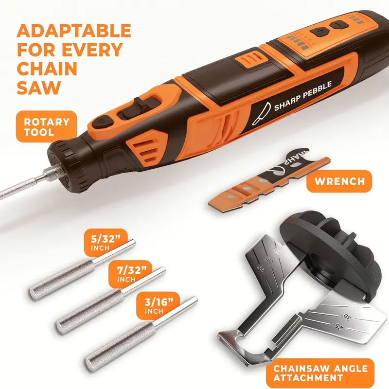 Sharp Pebble Cordless Chainsaw Chains Sharpener, Electric Chain Saw Sharpener Kit, Portable Handheld Chainsaw Sharpening Tool, Variable Speed up to 30,000 RPM, 4 Grinding Wheels, 25°/30°/35° Angle Guide