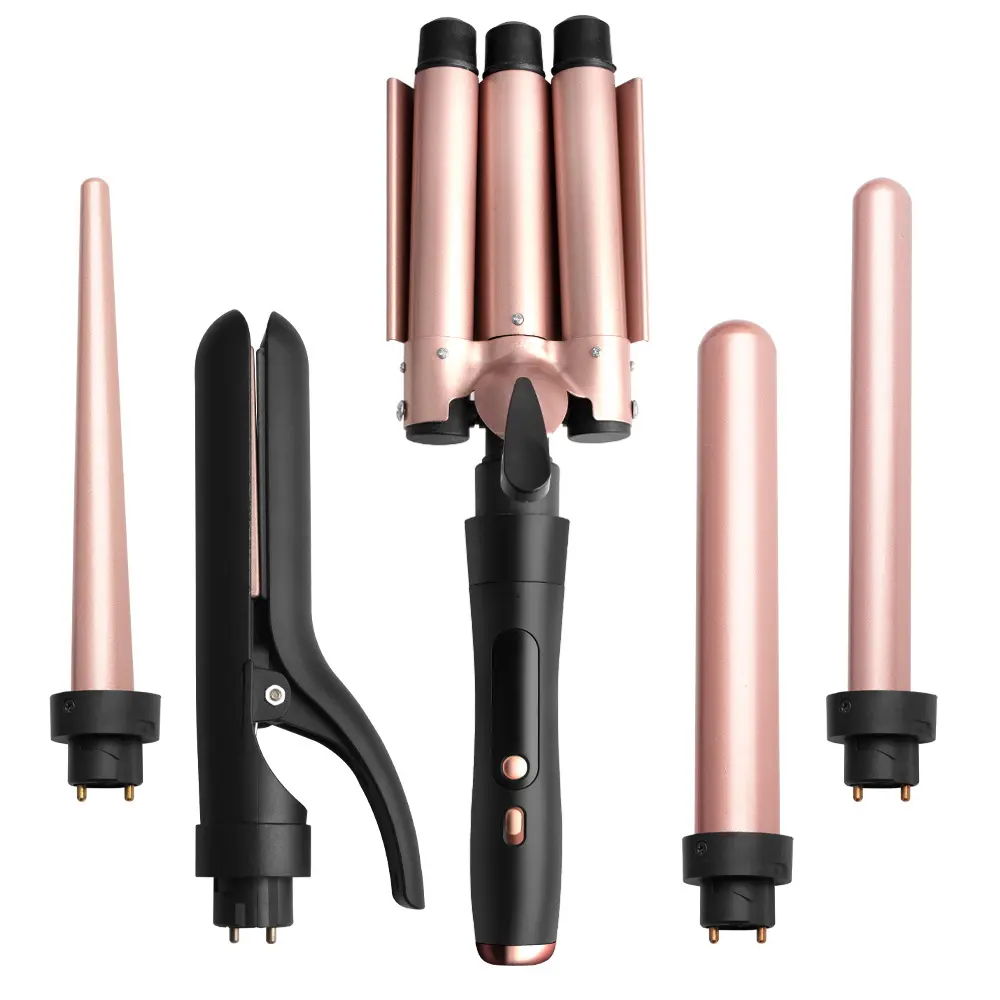 5-in-1 Curling Iron Set Interchangeable Barrels Wave Iron & Straightener Instant Heat Up Dual Voltage Hair Curler Gifts for Women