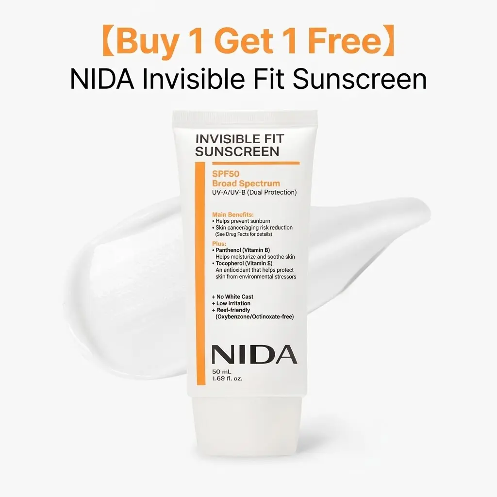[Buy 1 Get 1 Free] NIDA Invisible Fit Sunscreen SPF 50 Broad Spectrum, Lightweight Daily Facial Sunscreen No White Cast with Panthenol & Vitamin E for Sensitive Skin (50ml / 1.69 fl oz)