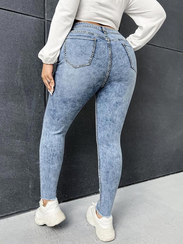 Plus Size Women's Comfortable Elastic Skinny Jeans with Ripped Details, High Waisted Street Style Denim Jeans for All Seasons