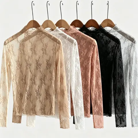 3PCS Women's Lace Bottoming Shirt Long Sleeve Top Sexy Hollow Out Mesh Y2k Shirt Fashion Set