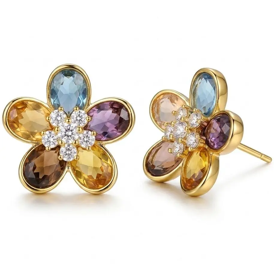Women's Elegant Floral CZ Flower Stud Earrings - Non Tarnish Gold Plated Colored Rhinestones Embellished Floral Earrings, Trendy Spring Daily Jewelry Gift for Her, Non Tarnish Earrings,summerwins