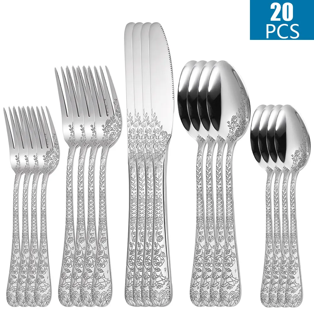 Vintage Carved Stainless Steel 20 Pieces Flatware Set, Silverware Set, Modern Embossed Cutlery Set Utensils Including Fork Spoon and Knife
