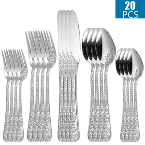Vintage Carved Stainless Steel 20 Pieces Flatware Set, Silverware Set, Modern Embossed Cutlery Set Utensils Including Fork Spoon and Knife
