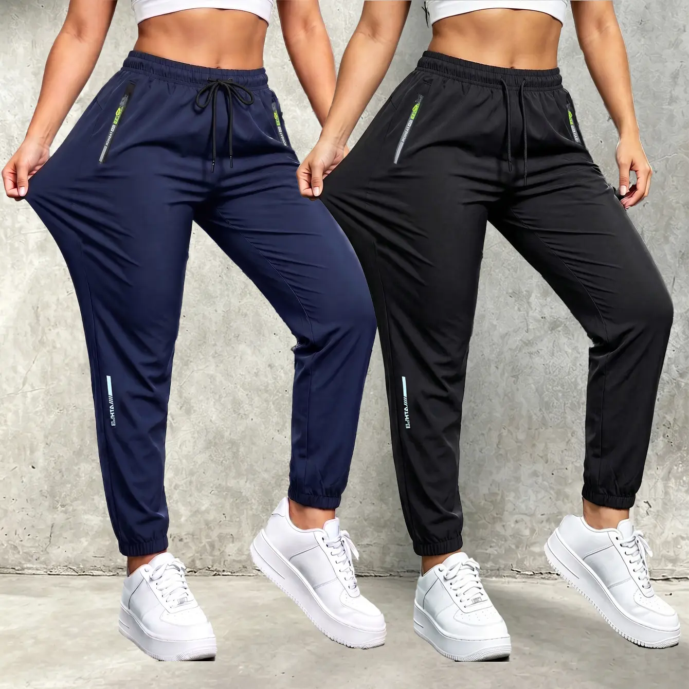 2-pack women’s summer long pants with zippered pockets and cuffed legs, made from stretchy fabric featuring a stylish zipper design and an elastic waistband; casual outdoor sports and everyday wear long pants. Womenswear Activewear