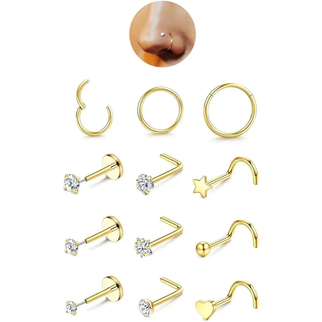 12PCS Nose Rings for Women - 14K Gold Filled Hypoallergenic Surgical Steel Nose Rings Hoops Lip Septum Clicker Ring CZ Screw L Shaped Studs Threadless Flat Back Stud Nostril Piercing Jewelry