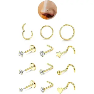 12PCS Nose Rings for Women - 14K Gold Filled Hypoallergenic Surgical Steel Nose Rings Hoops Lip Septum Clicker Ring CZ Screw L Shaped Studs Threadless Flat Back Stud Nostril Piercing Jewelry