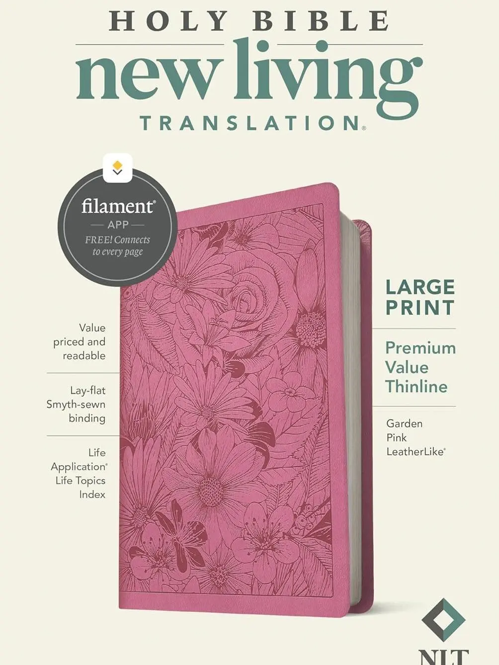 NLT Large Print Premium Value Thinline Lightweight Portable Bible - Filament-Enabled Edition, LeatherLike Garden Pink, NLT Translation with Digital Devotional Feature