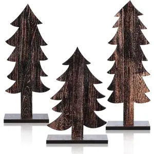 Rustic Christmas Decor Set, 3-Piece Wooden Tree Centerpiece, Farmhouse Style Tabletop Decoration with Rectangular Base, Home Decor (wood Color)