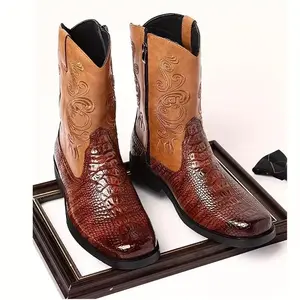 boots men Plus Size Men's Vintage High Top Cowboy Boots With Side Zipper, Comfy Non Slip Durable Casual Riding Shoes For Men's Outdoor Activities Footwear Comfort Closed Rubber Decor Bota