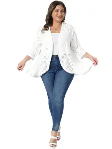 Agnes Orinda Plus Size Cardigans for Women Open Front 3/4 Sleeve Ruffle Hem Spring Netted Knit Cover Up
