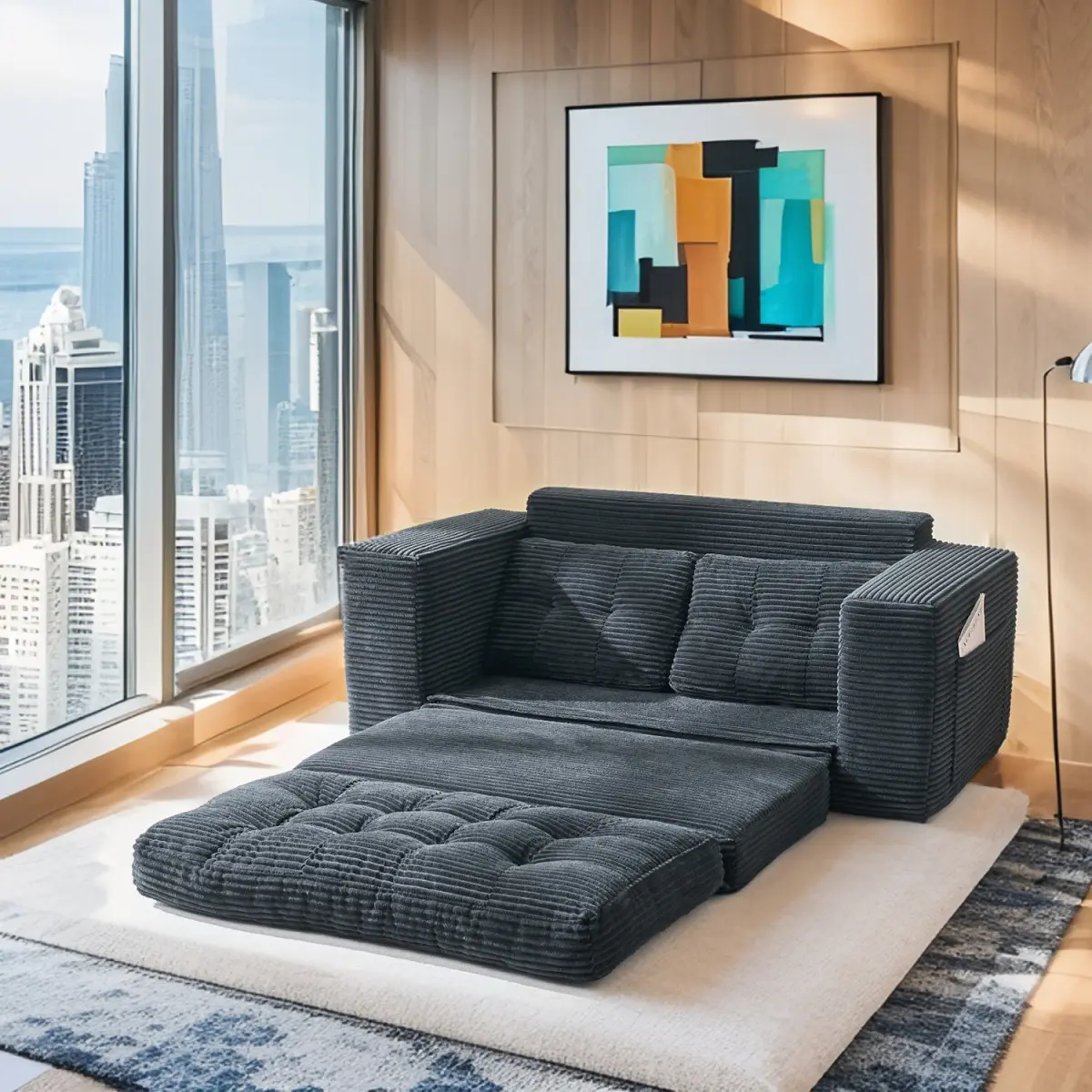 Aobtkel 2-in-1 Boneless Convertible Sleeper Sofa Bed - Corduroy Comfy Couch, High Foam Functional Piece Sofa, Folding Couch Bed with Pillows, Non-Slip Base, No-Assembly for Small Spaces Apartment Bedroom, Black
