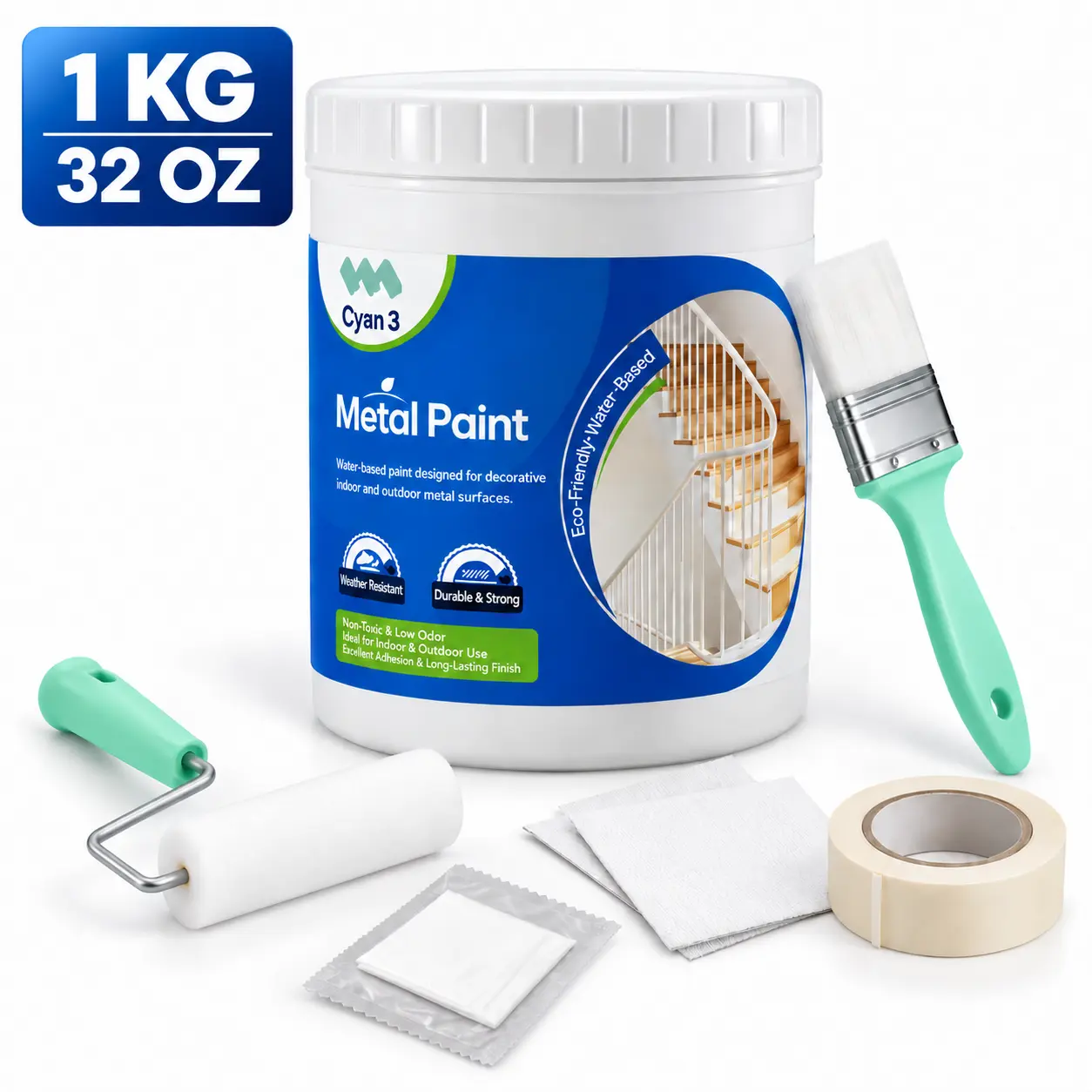 Cyan3 Water-Based Metal Paint, Waterproof Anti-Rust Coating for Gates, Fences, Railings & Furniture, Indoor/Outdoor, Fast-Drying, Low Odor