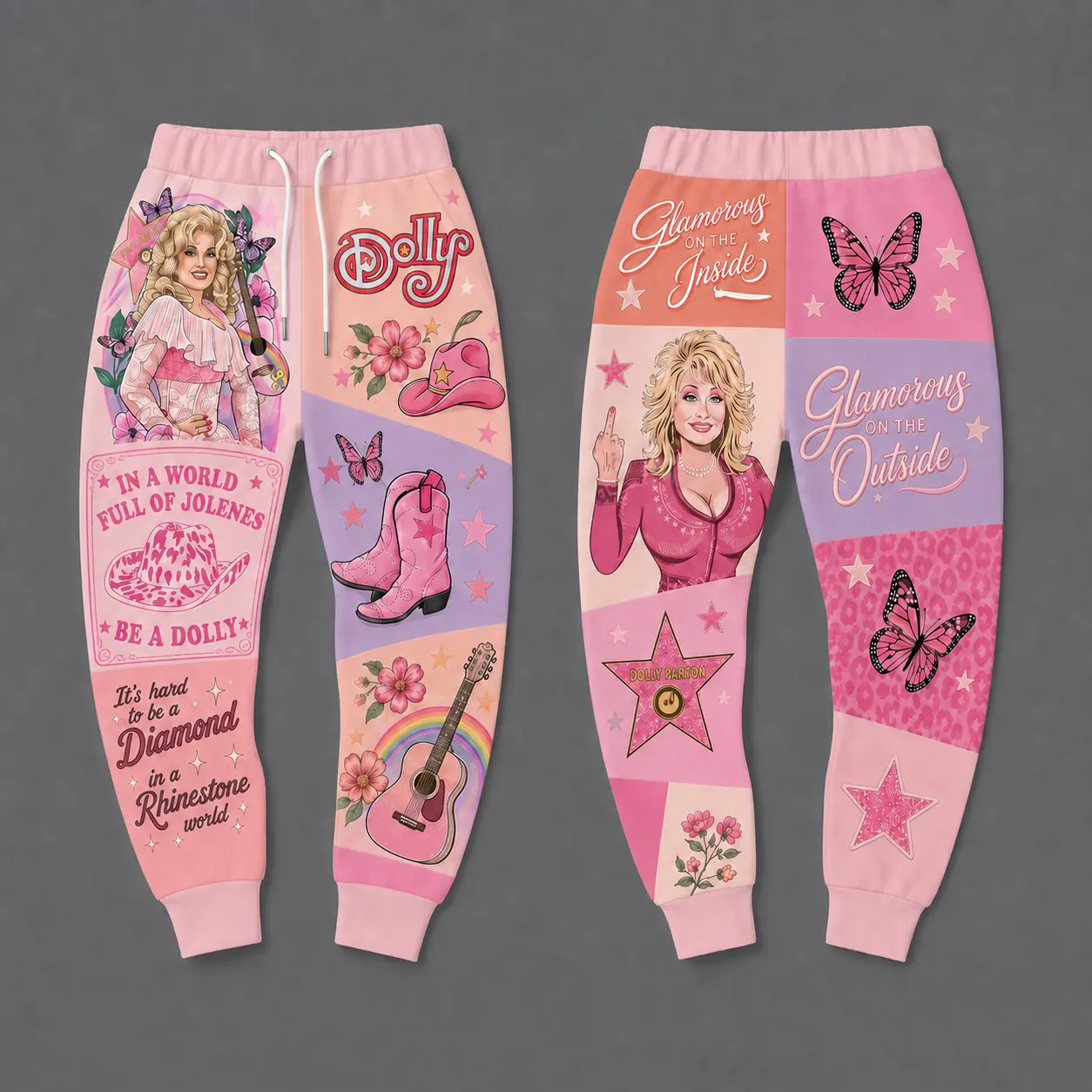 Dolly Parton Sweatpants | Vintage Country Music Fan Apparel | Pastel Pink Patchwork style Joggers | Retro Western Graphic Pants | Cozy Concert Alternative Streetwear Gift for Southern Girls