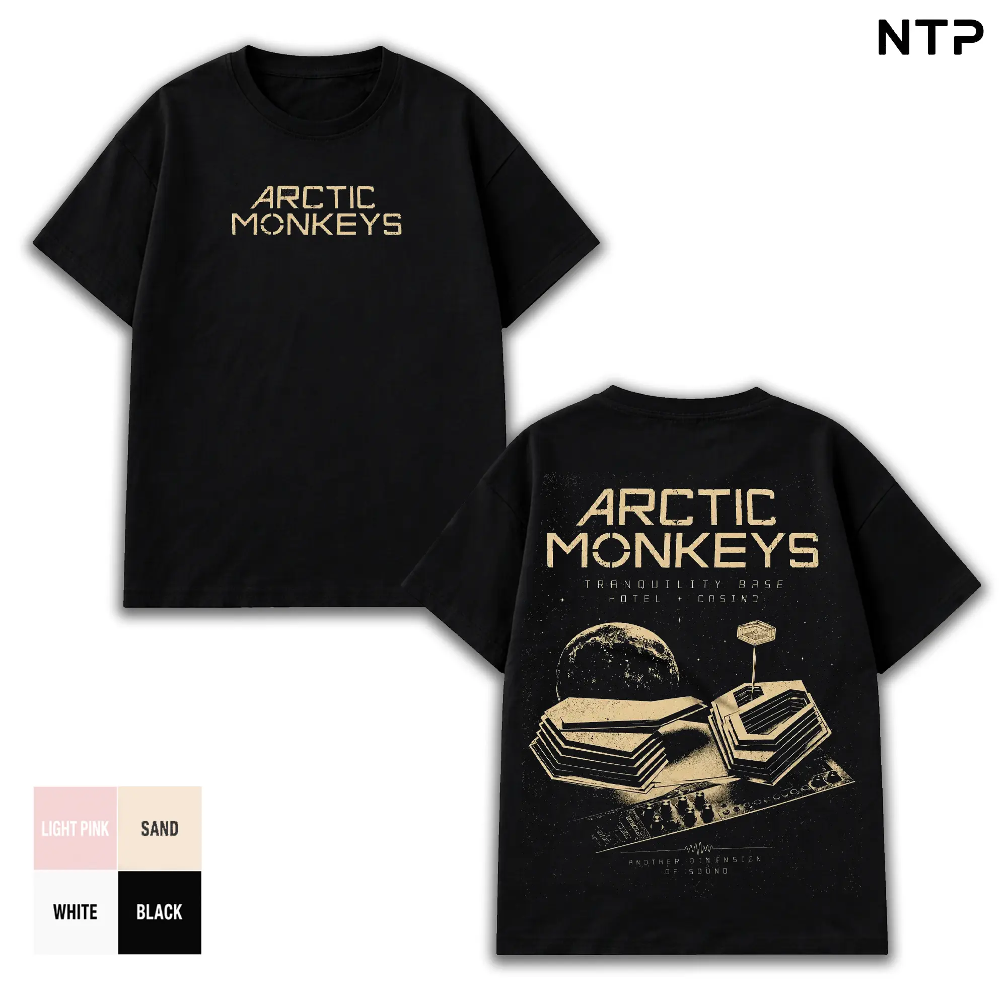 Arctic Monkeys Tranquility Base Hotel & Casino 2026 Tour Vintage Washed Oversized T-Shirt, Double Sided Indie Rock Graphic Tee, Minimal Gold Logo Front + Retro Space Casino Back Print, Heavyweight Cotton Streetwear, Unisex Fan Merch Gift