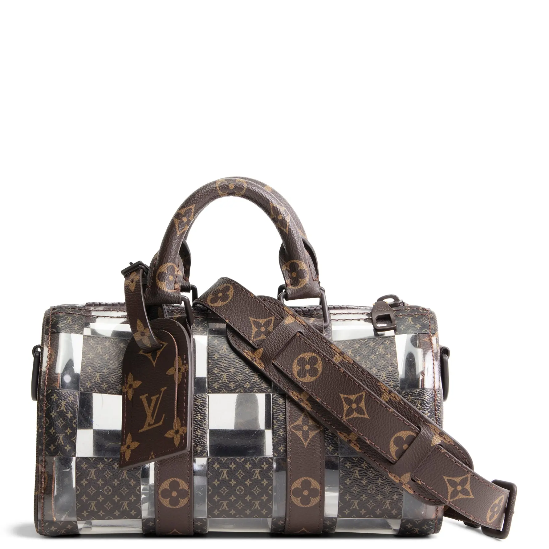 Pre-owned Louis Vuitton Coated Canvas & Clear PVC Checkered Print Shoulder Bags PVC Monogram Chess Keepall Bandouliere 25