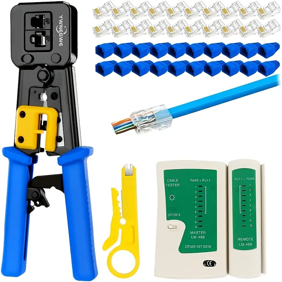Zoerax RJ45 Crimp Tool Kit Pass Through Cat5 Cat5E Cat6 RJ45 Crimping Tool with 20pcs RJ45 Cat6 Pass Through Connectors, 20pcs Covers, 1 Wire Punch Down Cutter, 1 Small Yellow Knife And 1 Network Cable Tester