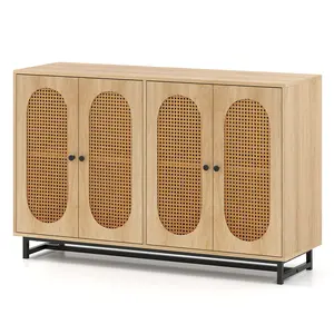 COSTWAY - 50 Inch Buffet Sideboard Cabinet with 4 Rattan Doors and Adjustable Shelves-Natural