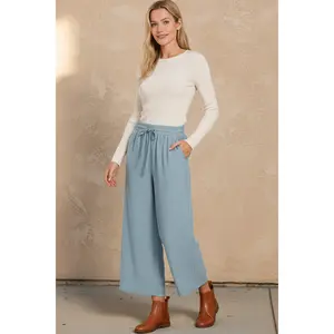 Zenana Woven Crepe Drawstring Elastic Band Waist Cropped Pants