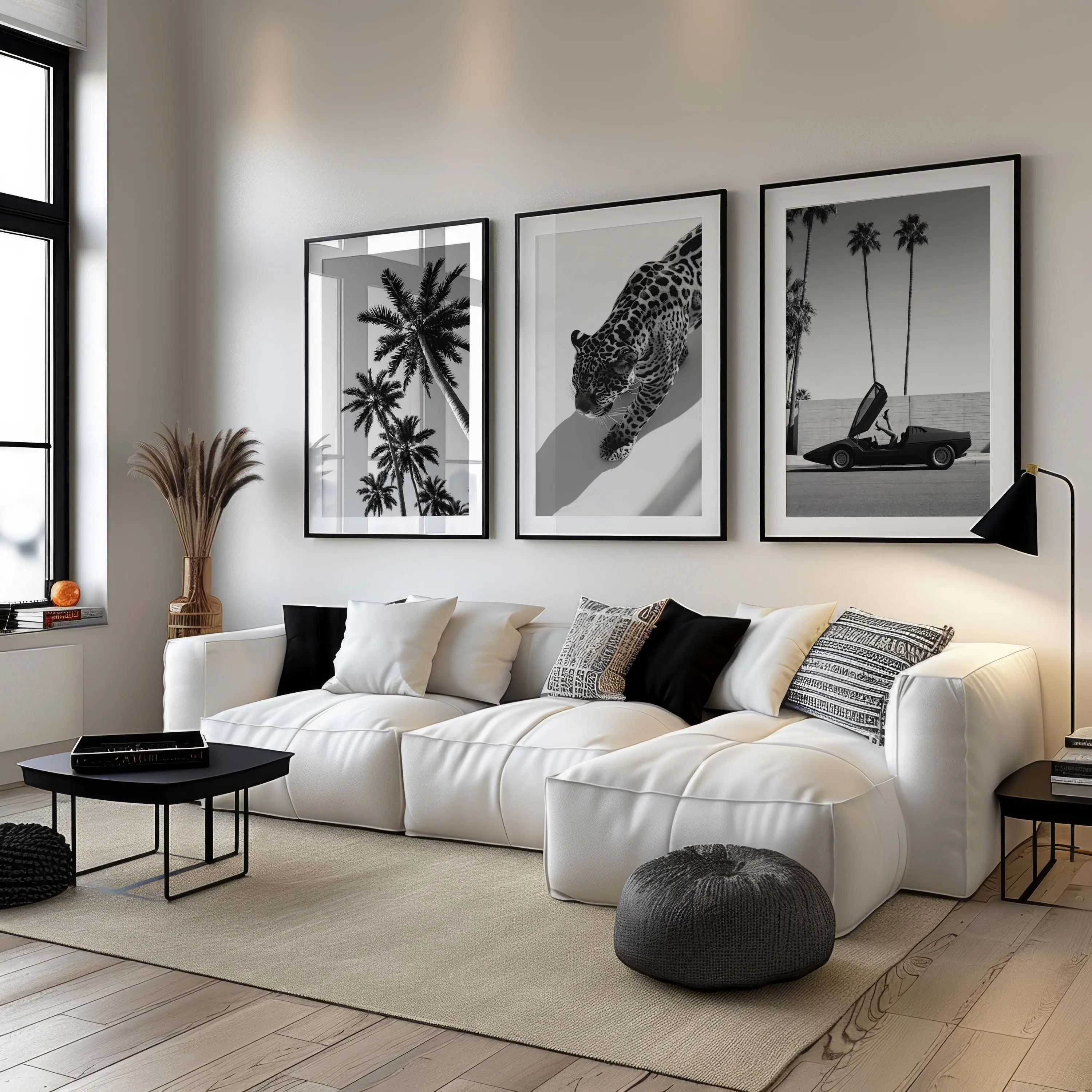 Luxury 3-Piece Black & White Leopard Print Wall Art Set - Cheetah Poster, Palm Tree Room Decor Printable, Classic Car High Heels Wall Art CPS1