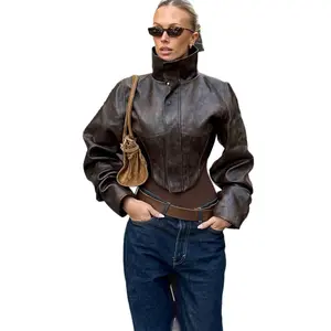 Women's 2025 Autumn-Winter Faux Leather Jacket - High Neck, Long Sleeve, Casual, Fitted, Zipper PU Outerwear for Plus Size