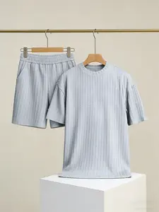 Men's Solid Textured Drop Shoulder Short Sleeve Tee & Drawstring Waist Shorts 2-Piece Set, Loose Casual Crew Neck Outfit with Pockets, Perfect for Spring, Summer, Fall, Back to School & Daily Outdoor Wear