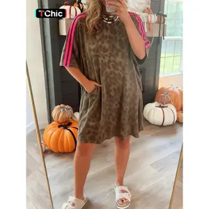 Summer Casual Loose Fit Leopard Print Striped Hem Women's Mini Dress, Colorblock Design with Pockets, Comfortable and Stylish