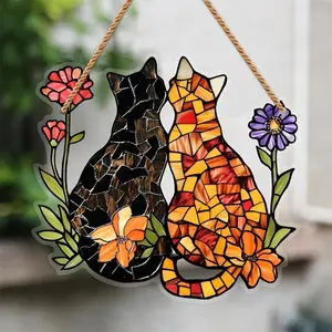 Sun Catcher Window Hanging Decoration, Cat and Flower Gift for Couples, Pet Lovers, Sunlight Capturing Cat and Flower Window Decor