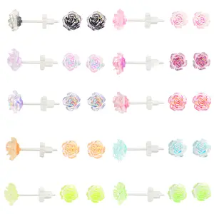 10 Pairs 8 mm 3D Plastic Resin Rose Stud Earrings Transparent Illusion Colored Earring Posts with Clear Earring Backs for Women Teens Sensitive Ears Sports Party Replacement