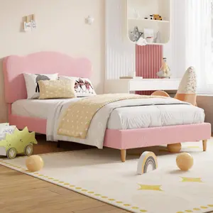 Full Pink Upholstered Bed Frame for Kids with Scallop Headboard Cute Velvet Bed for Girls Boys Sturdy Platform Bed No Box Spring Needed Wooden Slats Noise Free