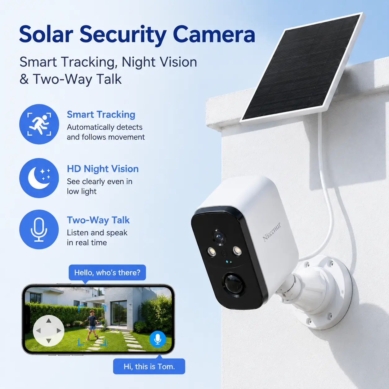 NKCCNUR   Outdoor Wireless Solar Security Camera, 6MP HD Video, Two-Way Audio, Infrared Night ,Smart Motion Detection, Motion Alert, IP66 Waterproof, Long Battery Life, Real-Time Recording.