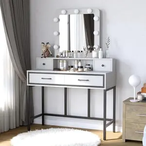 RoyalCraft Makeup Vanity Desk with 9 Bulbs & Large Lighted Mirror, Vanity with 4 Drawers, 3 Lighting Color Adjustable, Large Dressing Table for Bedroom.