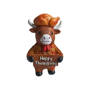1 Piece Highland Cow Resin Sculpture with "Happy Thanksgiving" Sign - Festive Red and White Plaid Hat, Orange Beard and Green Eyes - Christmas Decoration - Perfect Thanksgiving Gift for Friends and Family, Cow Decoration, Party Decor