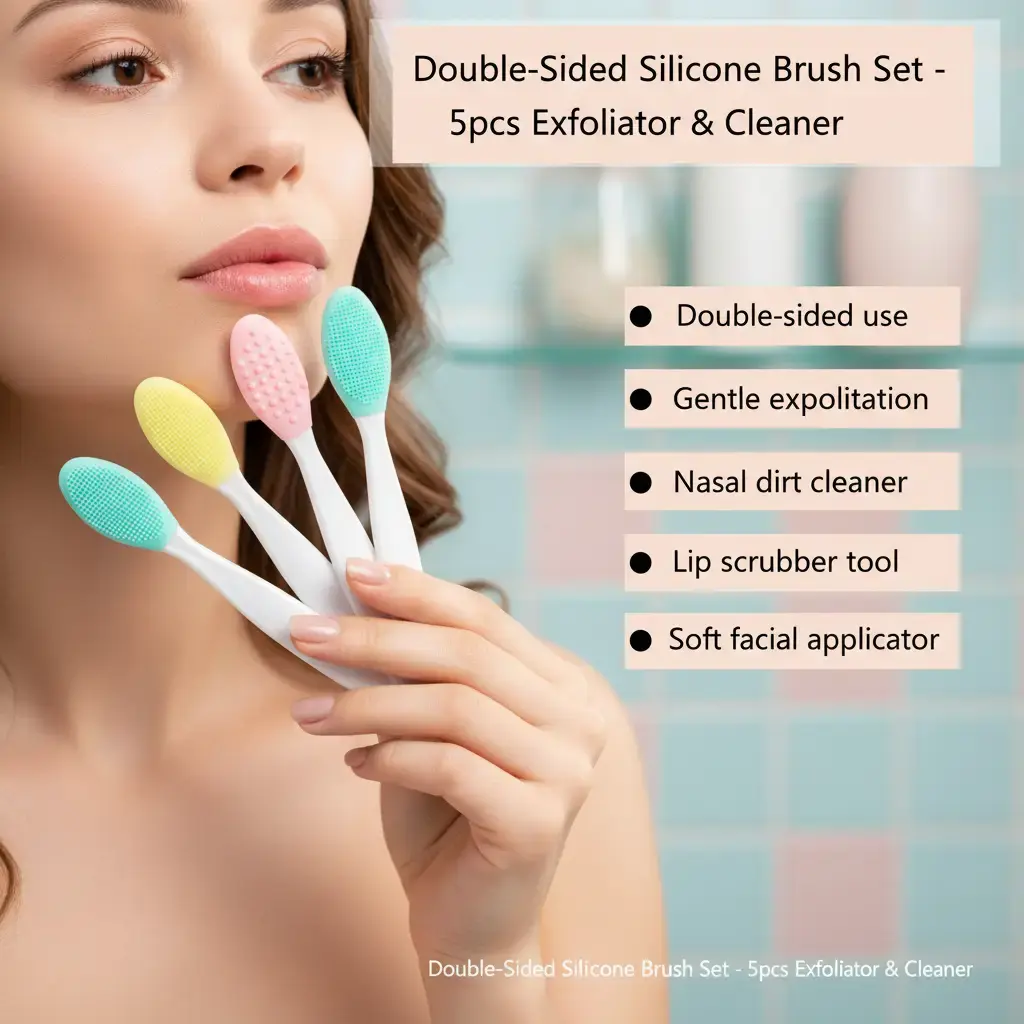 Double-Sided Silicone Brush (5PCS) Nose Scrubber & Lip Exfoliator - Multi-Use Blackhead & Nasal Dirt Cleaner, Gentle Exfoliating Tool for Dark Lips, Soft Facial Cleansing & Mask Applicator