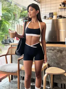 Sexy Women's Sporty Black-White Color-Block Two-Piece Set. Ultra Crop Bustier Halter Top. Sleeveless Backless Casual Tube Top. V-Shape Waistband High-Rise Micro Shorts.