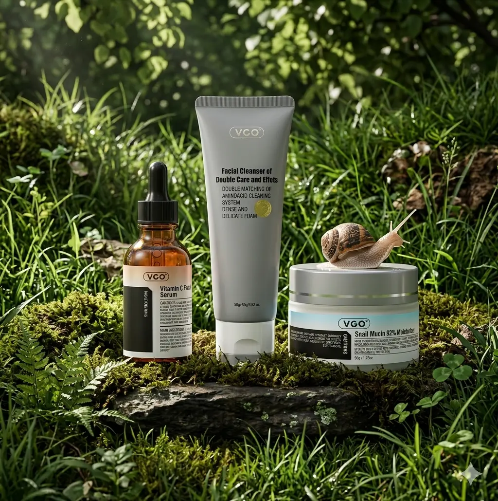 VGO 3-Step Complete Facial Care Trio Box - Smooth Cleanser, Lightweight Serum, Snail Cream, Single Item Skincare Kit for Evening Routine & All Skin Types, Facial Cleanser, Three Step Kit