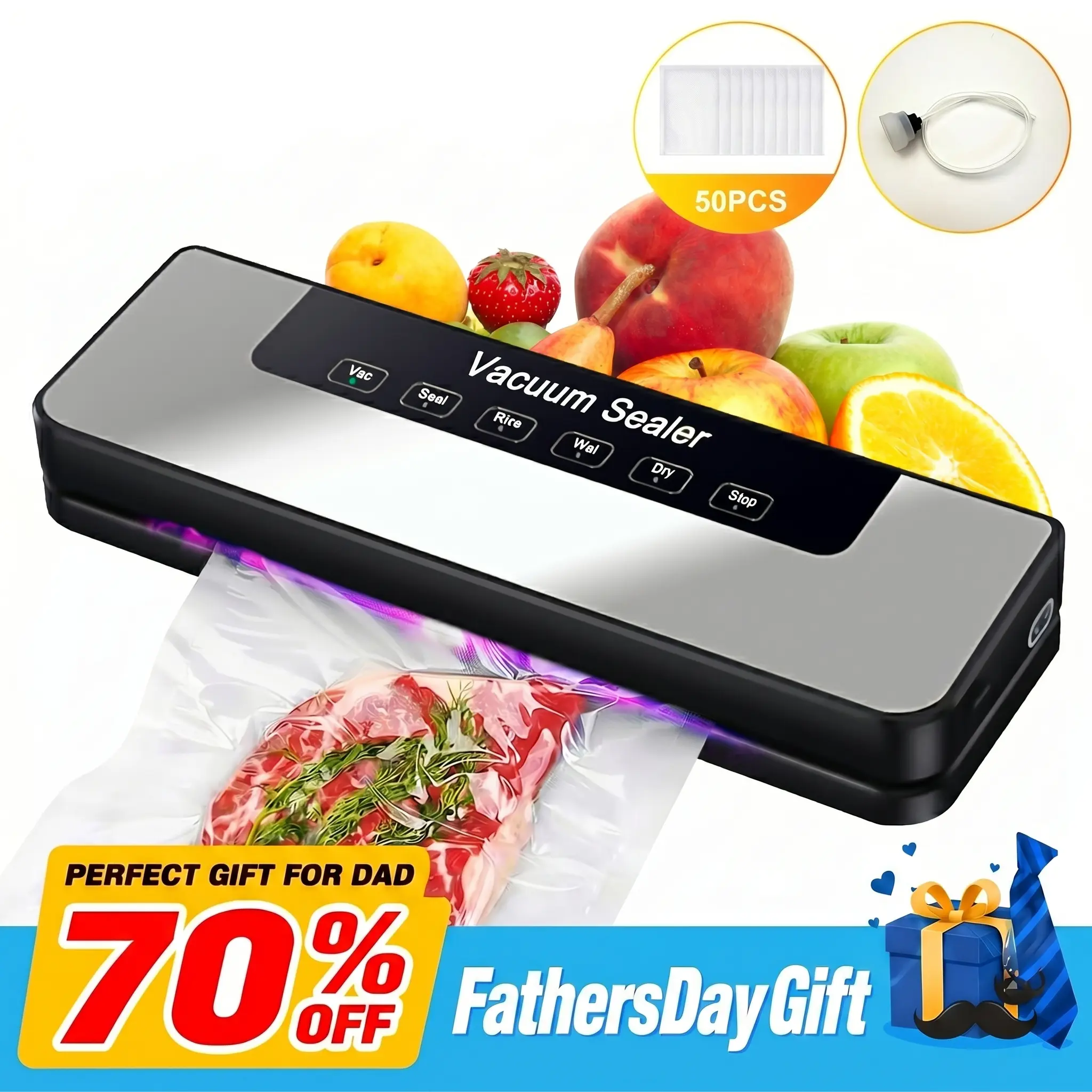【FathersDayGift】Vacuum Sealer Kit 65kPa, Includes 50 Vacuum Sealing Bags, Features Dual Dry/wet Modes, 6-in-1 Sealer Easy to store And Sous Vide Cooking, Extends Food Freshness By 5 Times, Automatic Sealing Machine, Suitable for kitchens