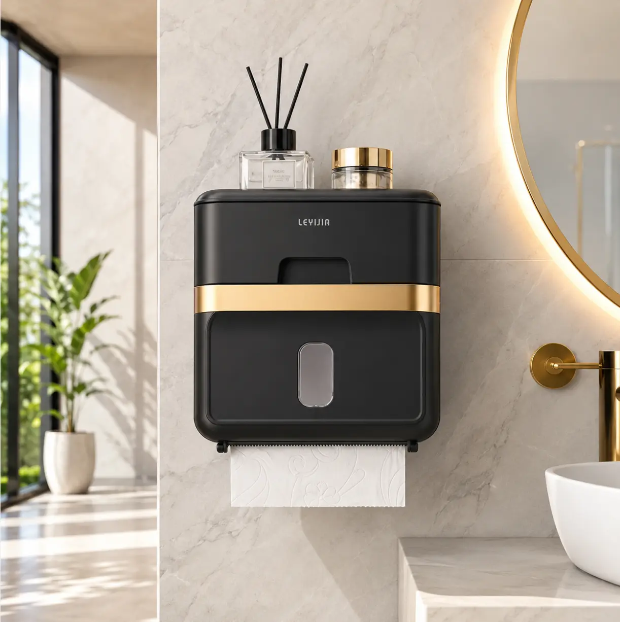 No Drill Wall Mounted Toilet Paper Holder with Shelf, Black Gold Bathroom Tissue Box Dispenser, Waterproof Toilet Paper Storage Organizer, Space Saving Bathroom Paper Holder for Phone, Wipes & Daily Essentials