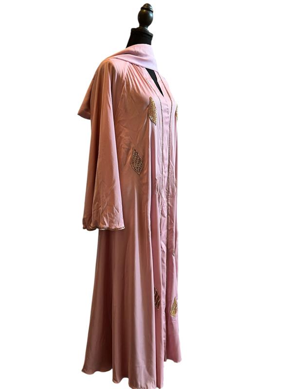 Blush Pink Abaya with Golden Leaf Embellishments & Scarf Elegant Design Women's Fashion Wear