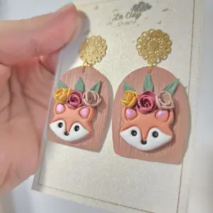La Clay Dreams Handmade Polymer Clay Earrings Featuring Adorable Foxe with Florals on wodden Design Background Unique Design