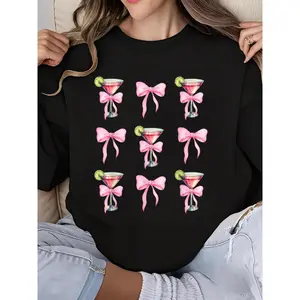 Women's Cosmopolitan Cosmo Drink Pink Bow Cocktail Lover Sweatshirt - Long Sleeve Crew Neck Graphic Print Casual Fashion Top for Girls