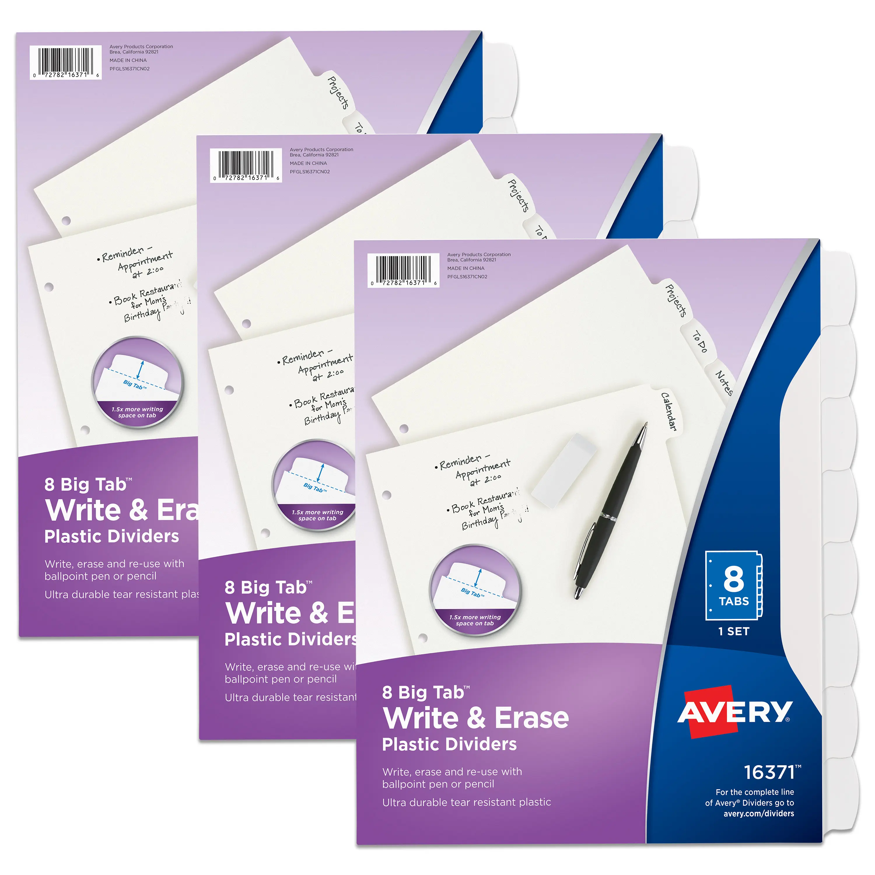 Avery Big Tab Write & Erase Reusable Durable Plastic Binder Organizer Dividers, 8-Tabs Set for 3-Ring Binders, White Office Accessories for Work, 3 Sets (01743)