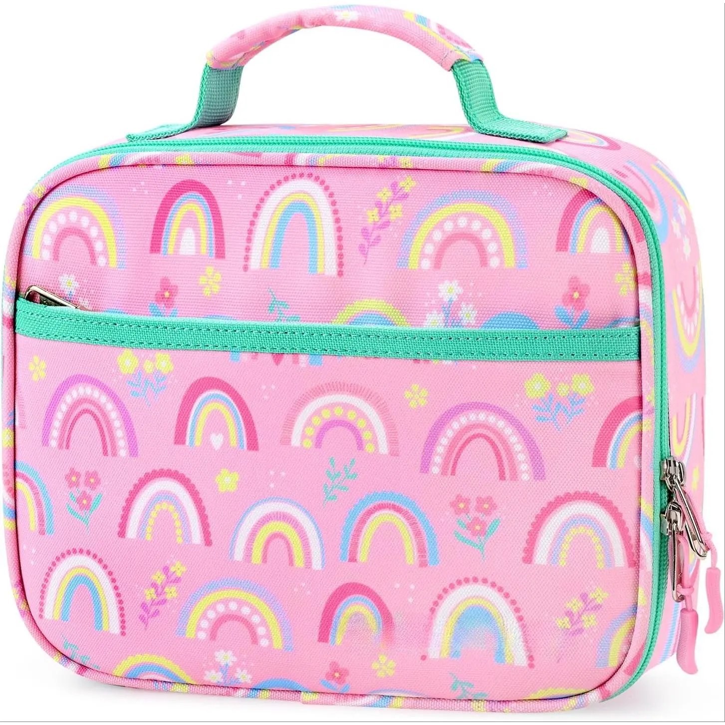 F-LBK39 Kids Lunch Box for Girls Toddler, Insulated and Reusable Lunch Bag for School, Pink Rainbow