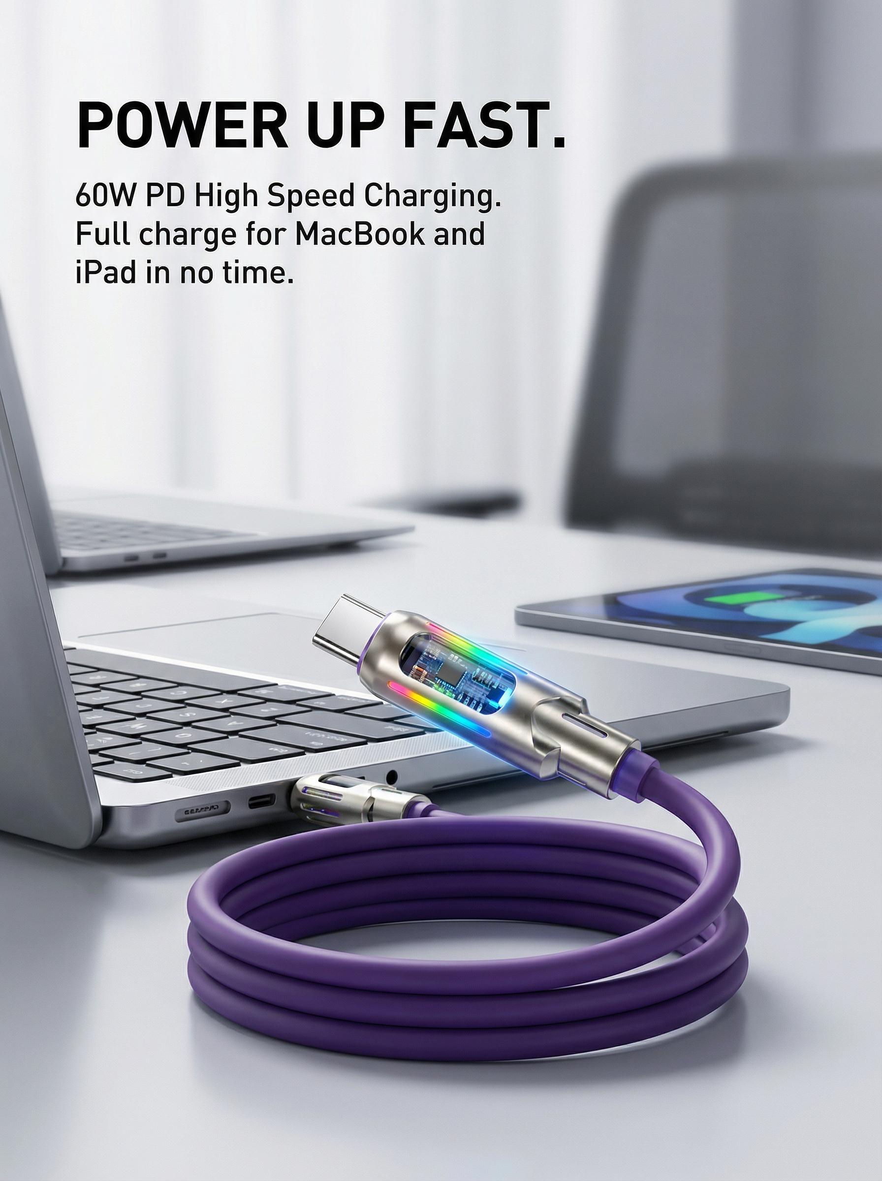 [Buy 1 Get 1 Free] 65W Max Fast Charging 4-in-1 Multi USB Cable 6.6ft, LED Breathing Light Data Sync Cord USB A Lightning Type C Universal Charger for iPhone 15/16 iPad Pro