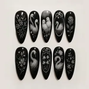 Floral Swan Press On Nails, Swan Lake Nail Art, Black Gothic Rose Nails, Goose Nails, Elegant Nails, Hand Painted Flowers Almond Nails