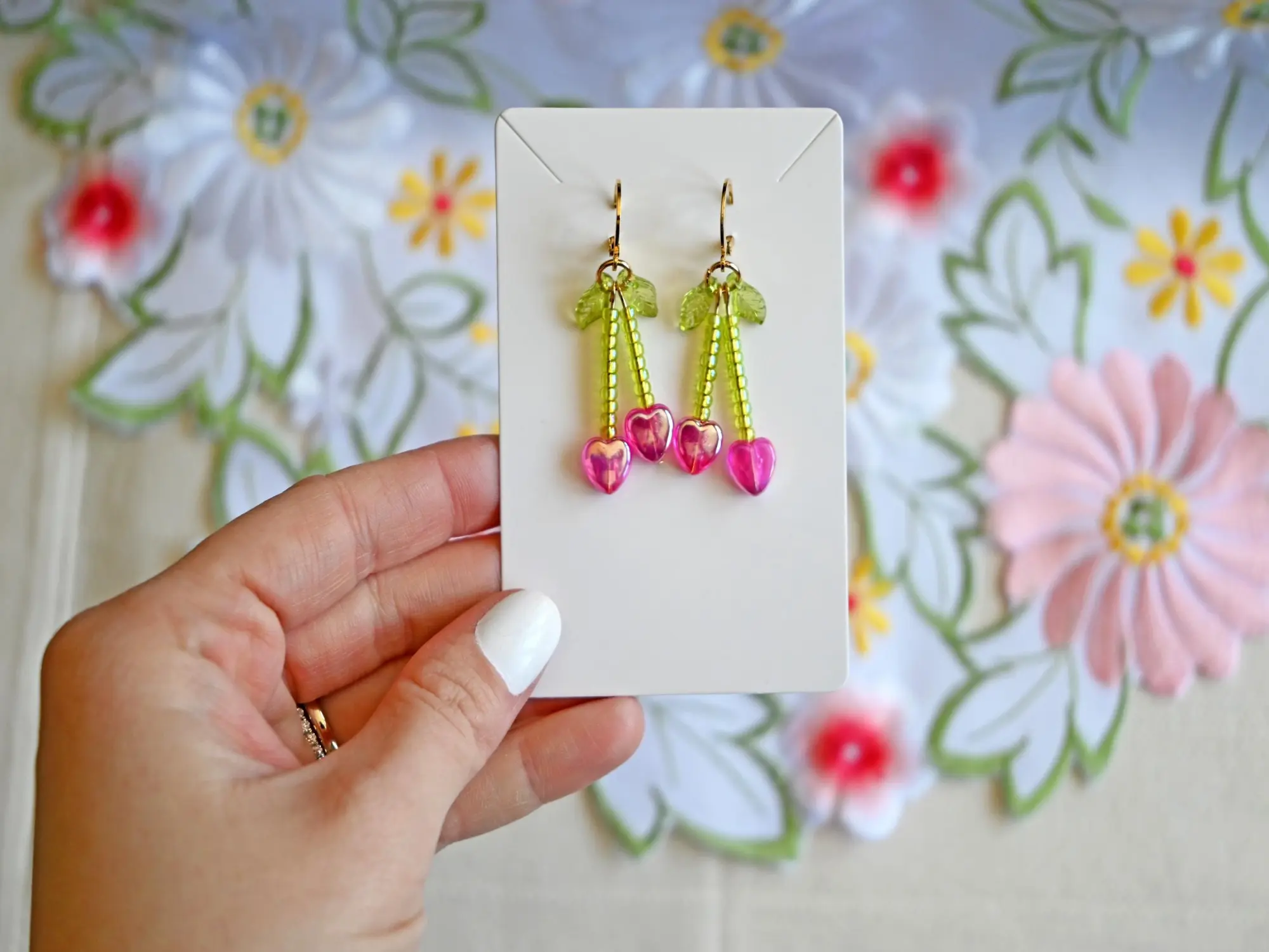 Pink & Red Cherry Heart Earrings Handmade 18k Gold Plated Stainless Steel with Czech Glass Beads & Acrylic Leaves Perfect for Summer Parties