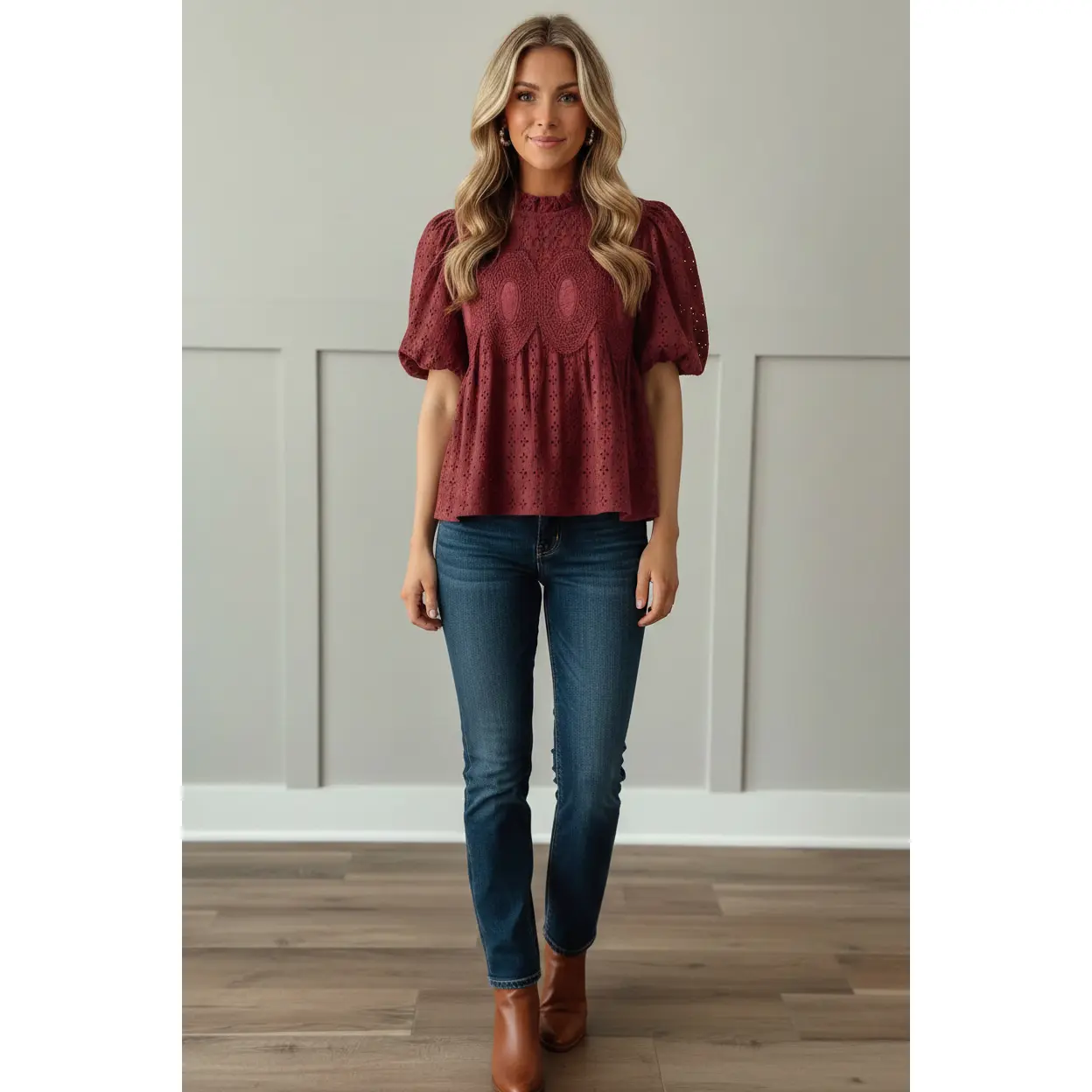 EYELET PUFF SLEEVE RUFFLE NECK BLOUSE