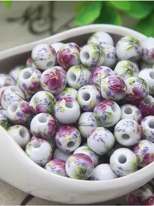 30 Pack Vintage Peony Flower Print Ceramic Beads, Handmade DIY Jewelry Making Supplies, Elegant Loose Beads for Necklaces and Bracelets