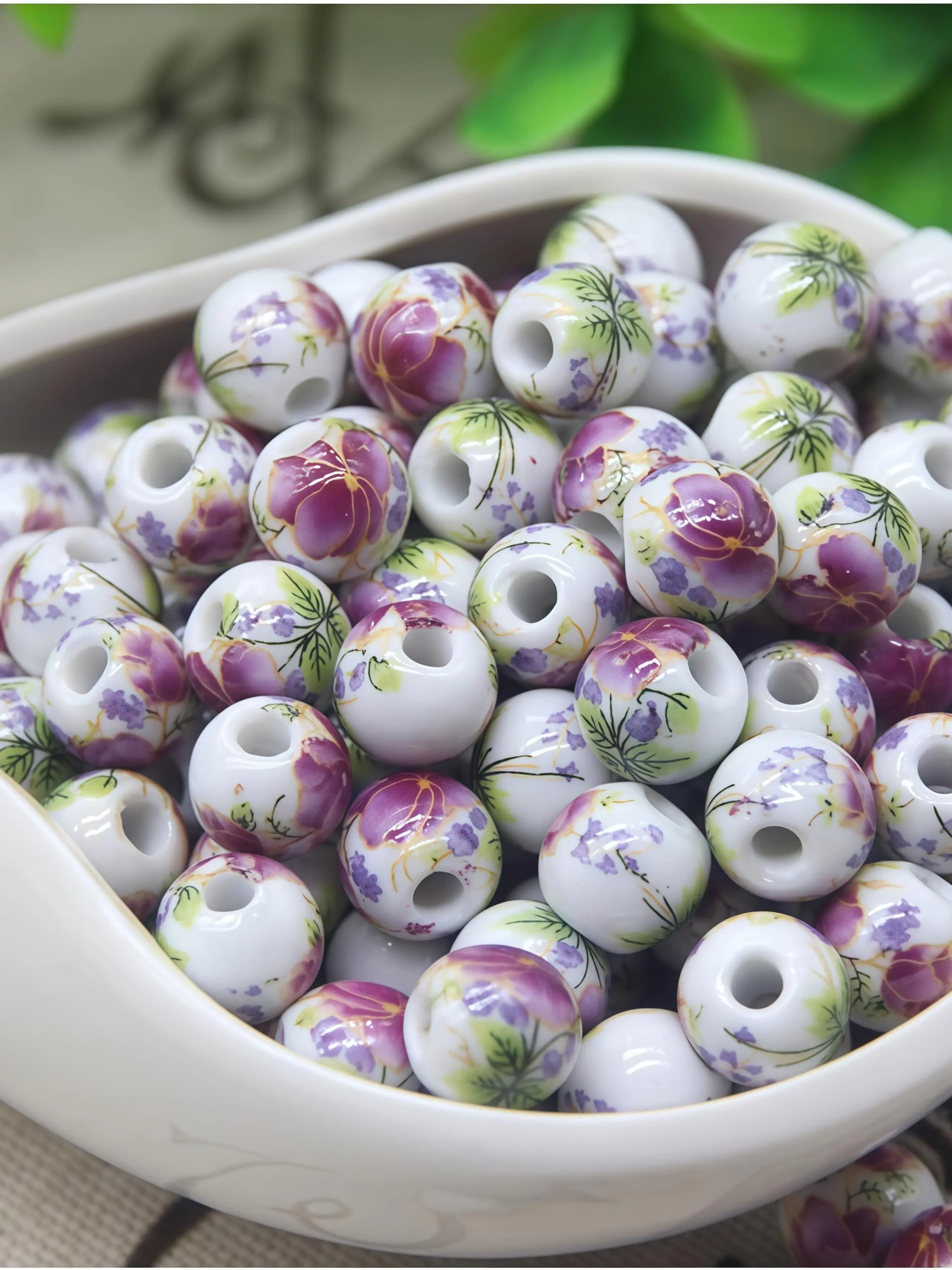30 Pack Vintage Peony Flower Print Ceramic Beads, Handmade DIY Jewelry Making Supplies, Elegant Loose Beads for Necklaces and Bracelets